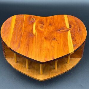Vintage Heart Shaped Cedar Jewelry Box Mirror Necklace Ring Pegs Handmade Wooden